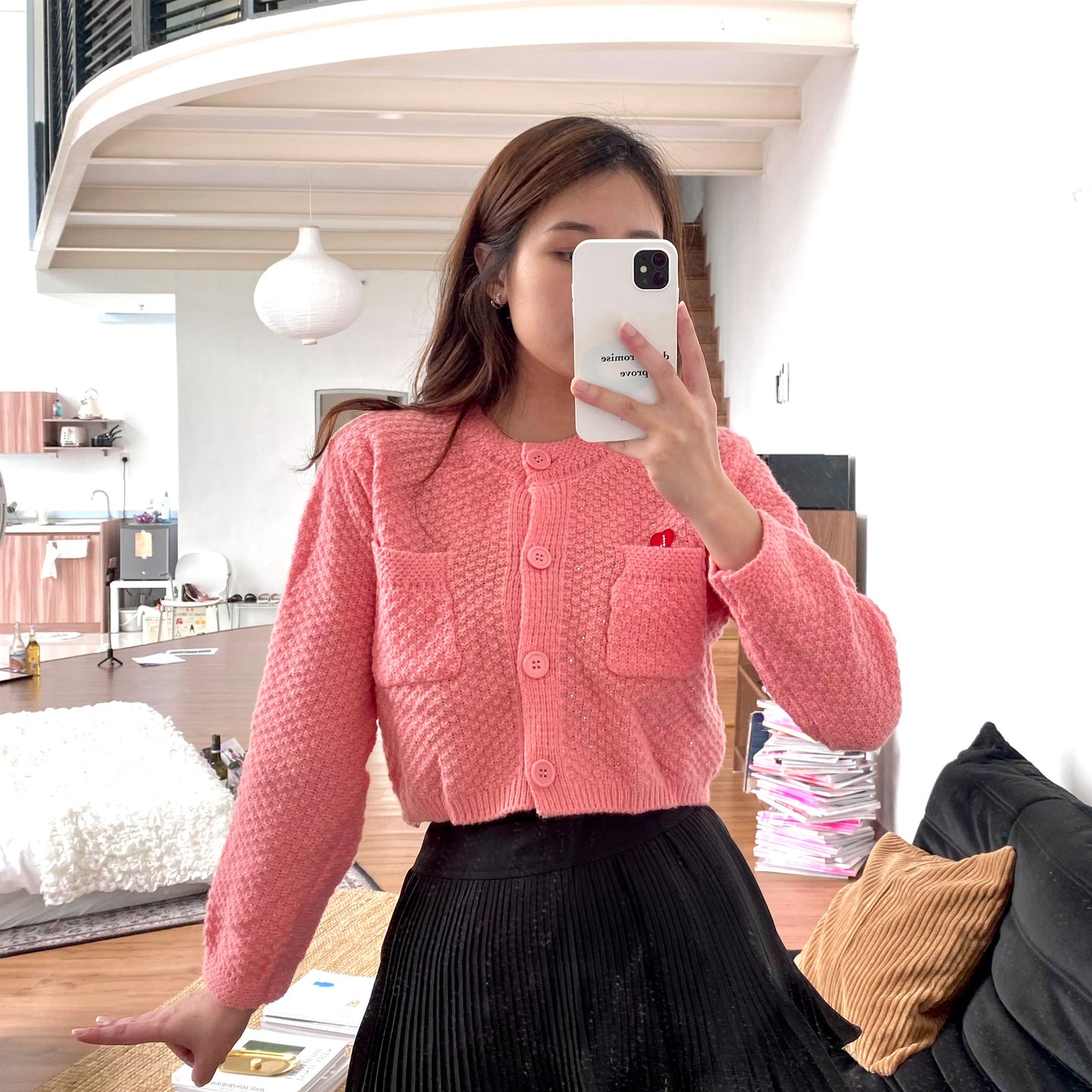 LOVE LUX PINK ONE-SIDED DIAMOND KNIT CROP CARDIGAN