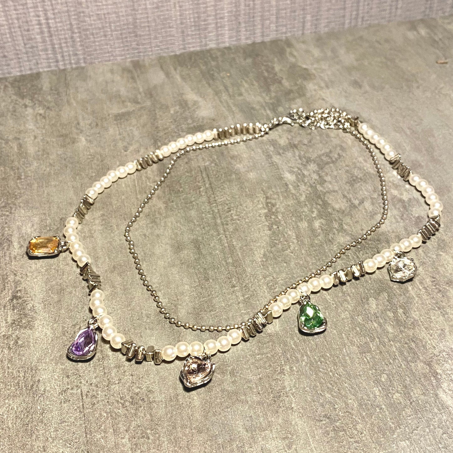 T.H DUO PEARL SILVER COLORFUL DIAMOND NECKLACE