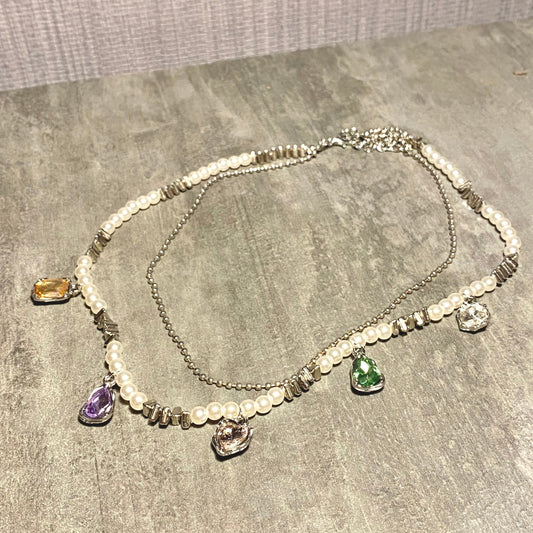 T.H DUO PEARL SILVER COLORFUL DIAMOND NECKLACE
