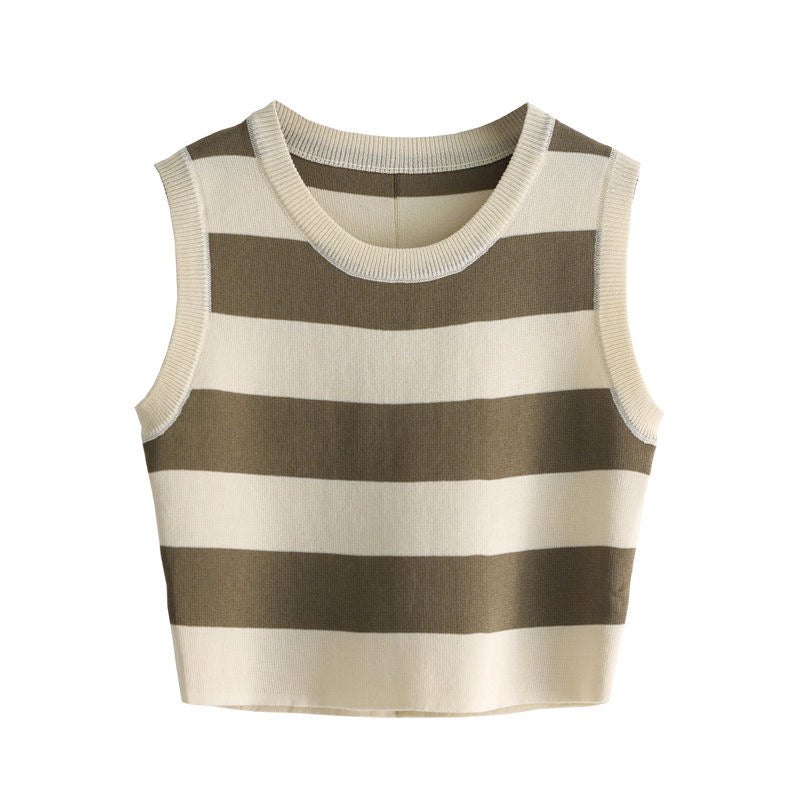 STRIPE KNITTED SLEEVELESS TOP (KHAKI)